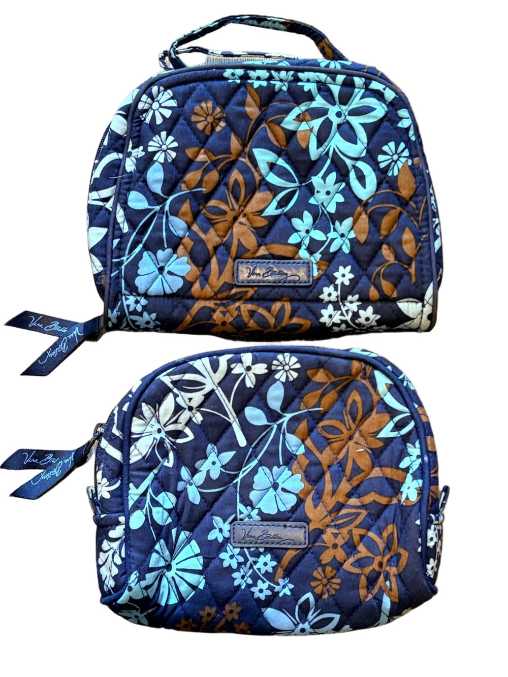 Vera Bradley 2pc Navy Floral Quilted Cosmetic Bags Set